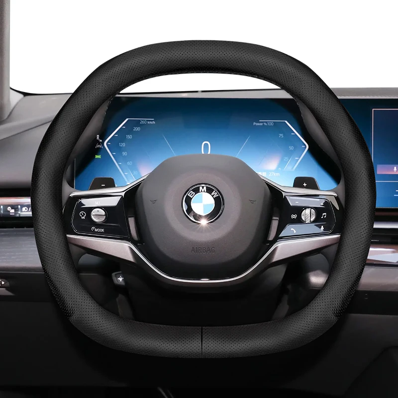 For BMW 5 Series i5 Double D-Shaped Steering Wheel Cover Ultra-Thin G60 G61 G68 BEV Micro Fiber Leather Breathable G30