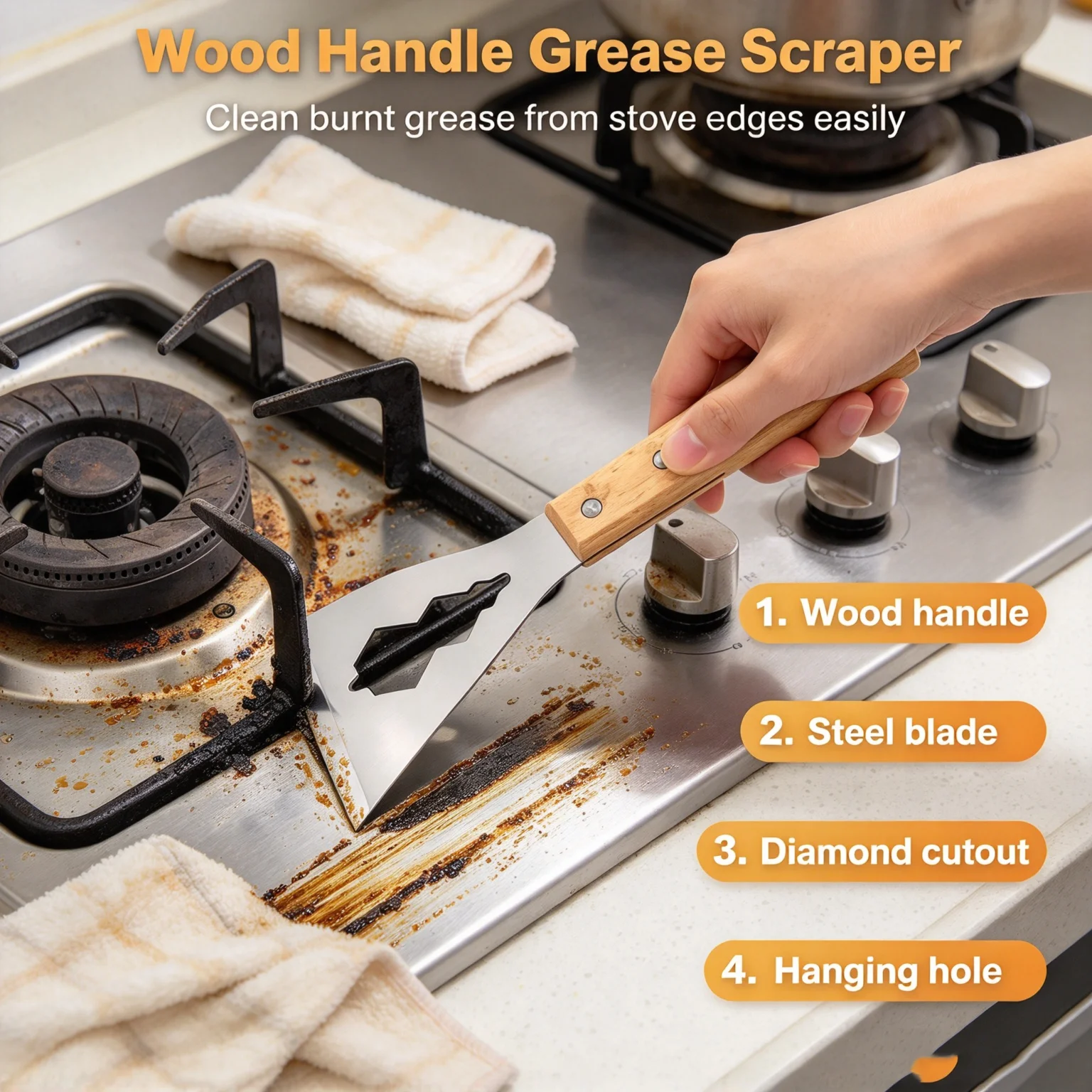 Multifunctional Stainless Steel Scraper Wood Handle Hanging Putty Knife for Paint Grease Cement Cleaning Remover Hand Tool