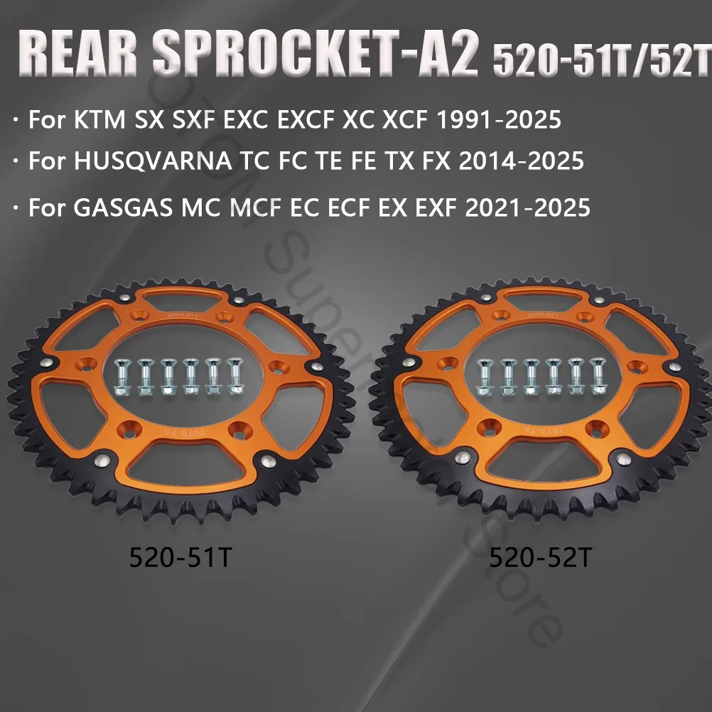 1991-2025 Motorcycle Rear Dual Chain Sprocket 520 51T 52T For KTM SX SXF EXC EXCF XC HUSQVARNA TC FC TE FE GASGAS MC MCF EC ECF