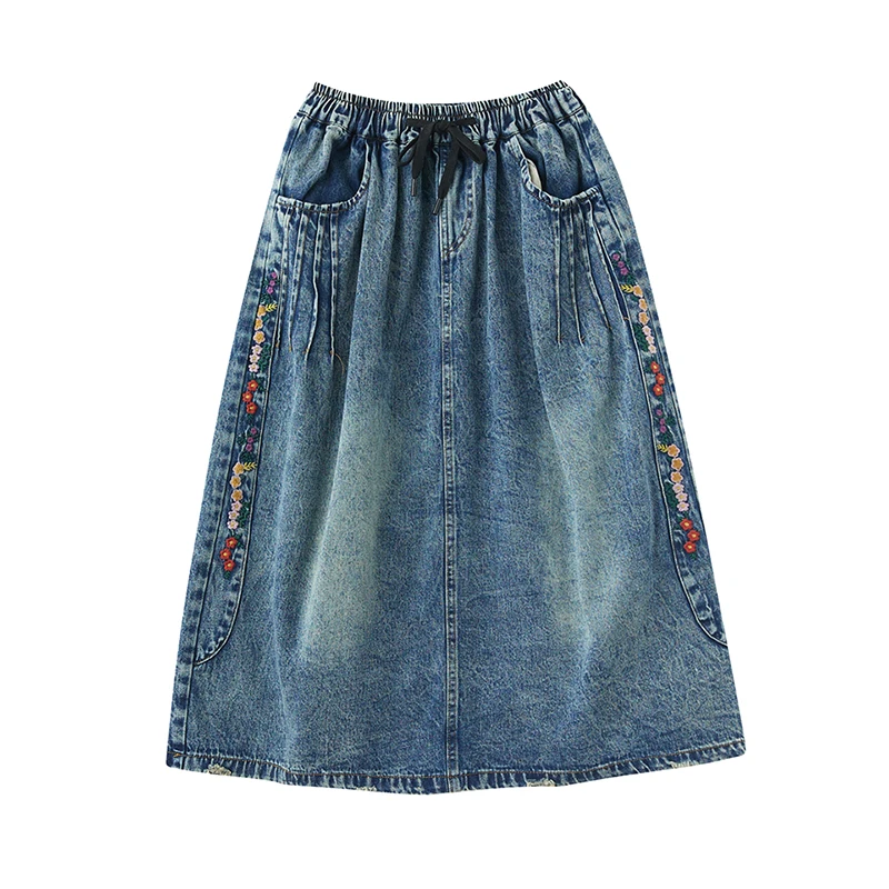 Vintage Embroidery Floral Denim Skirts Women Casual Loose Elastic High Waist A-Line Jeans Midi Skirt Lace-up Jupe Longue Femme