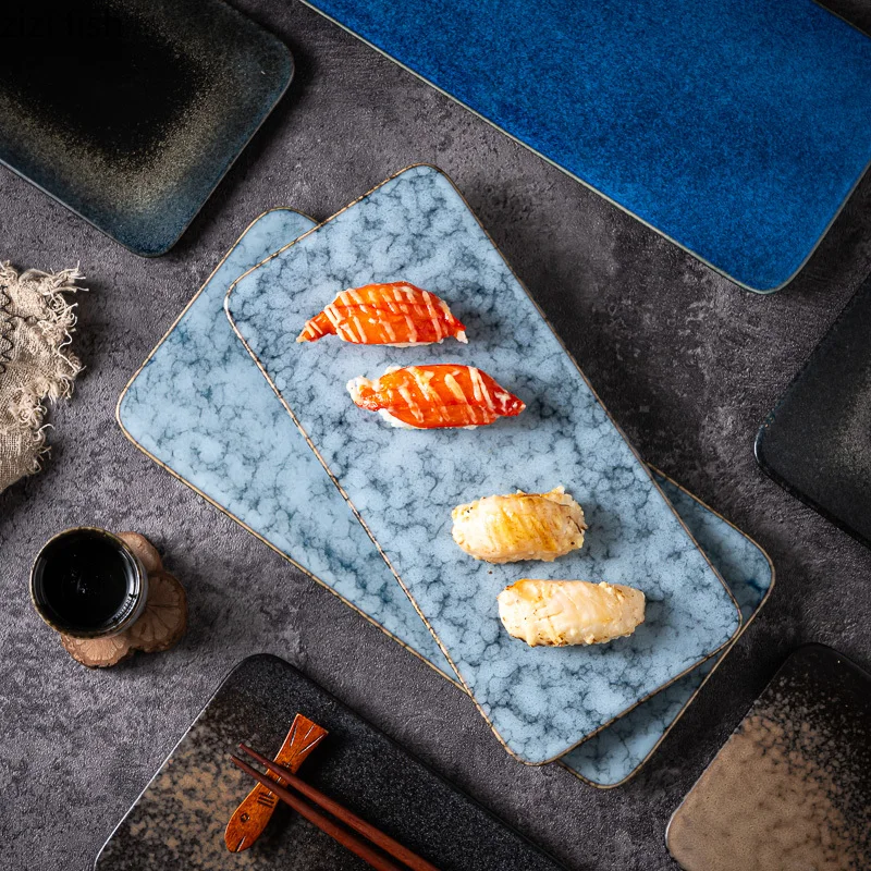 Flame Killed Ceramic Sushi Plate Rectangular Dim Sum Dessert Plate Cake Plate Long Strip Plates Molecular Cuisine Tableware