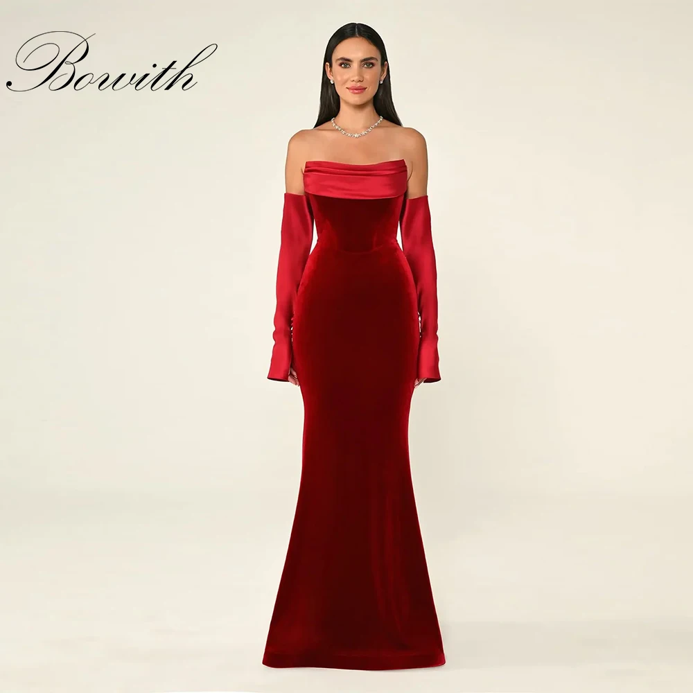 

Bowith Velvet Red Strapless Evening Dresses Said Dubai Mermaid Long Sleeves Women Wedding Formal Gown Customized Party Dresses
