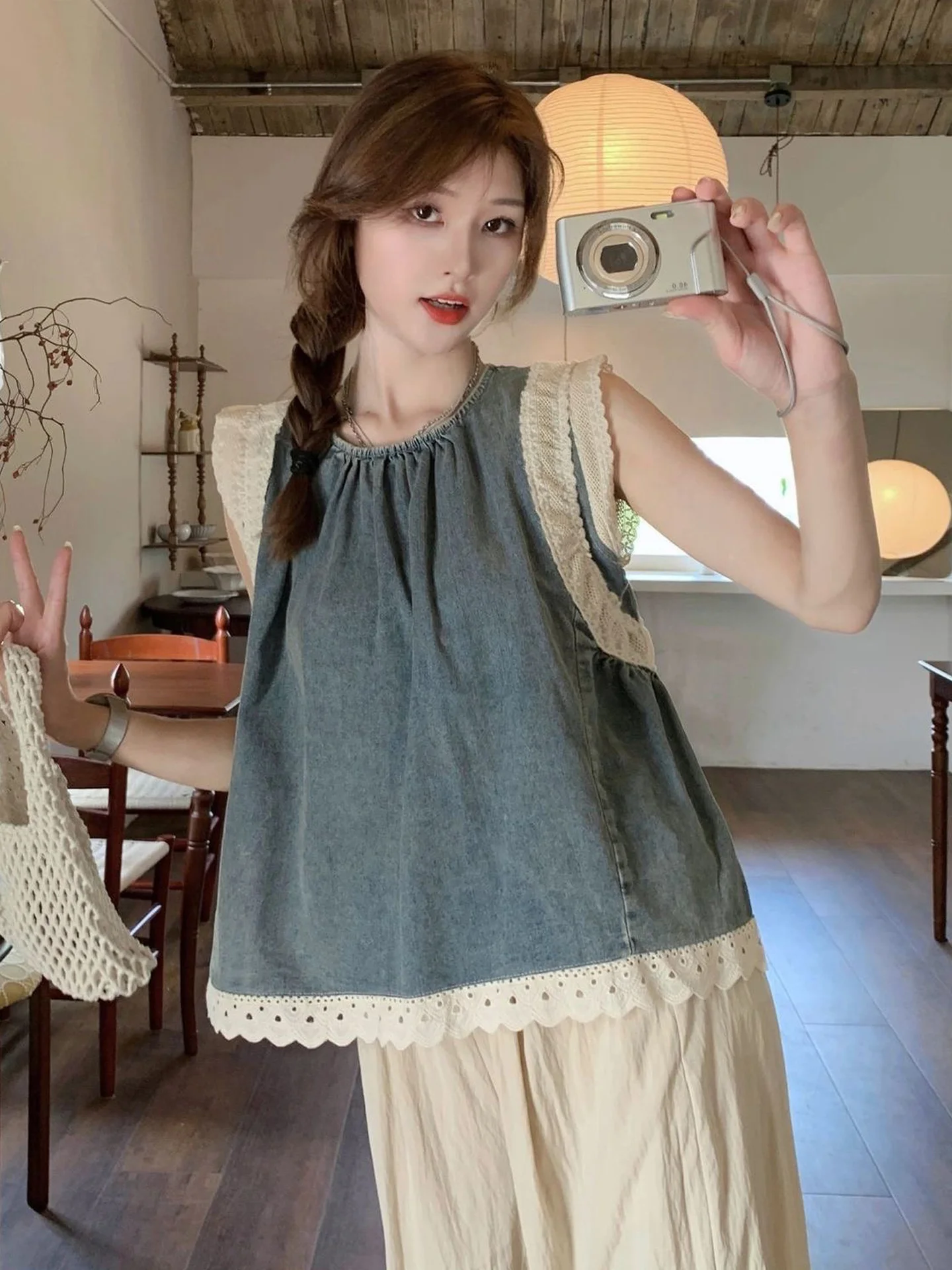 

Корейская летняя женская блузка с круглым вырезом, свободного кроя, с кружевными вставками и рукавами-крылышками, новая модная дышащая удобная модель