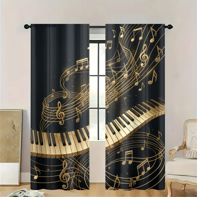 Luxurious Musical Notes Curtain Piano Keyboard Semi-Sheer Window Drapery Art for Living Room Home Decor Accent Panel