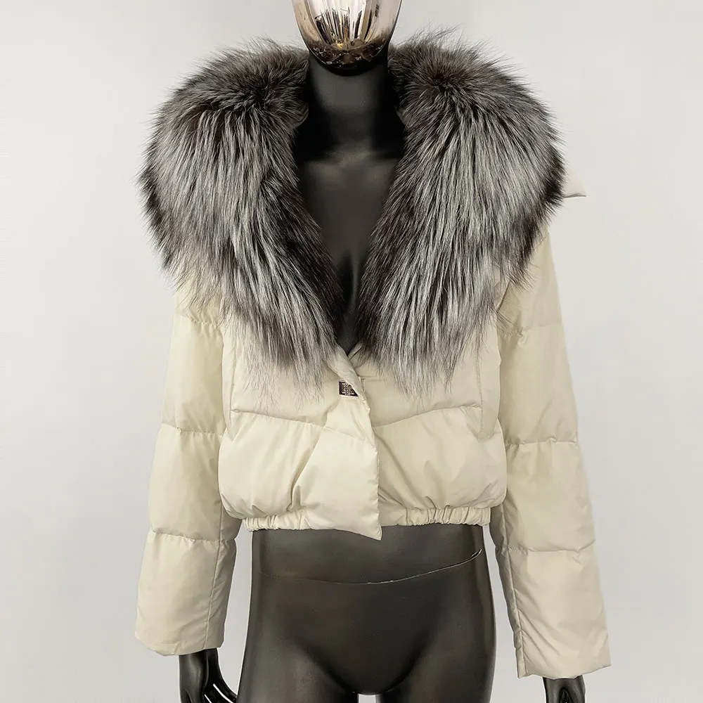 New Winter Big Natural Real Fox Fur Collar Thick Warm Street Wear Real Racoon Fur Jacket Women Duck Down Coat Short Outerwear