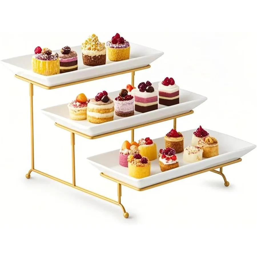 

3-х уровневая складная сервировочная подставка с фарфоровым подносом для элегантных презентаций еды и демонстрации десертов, в комплект входит 3 больших