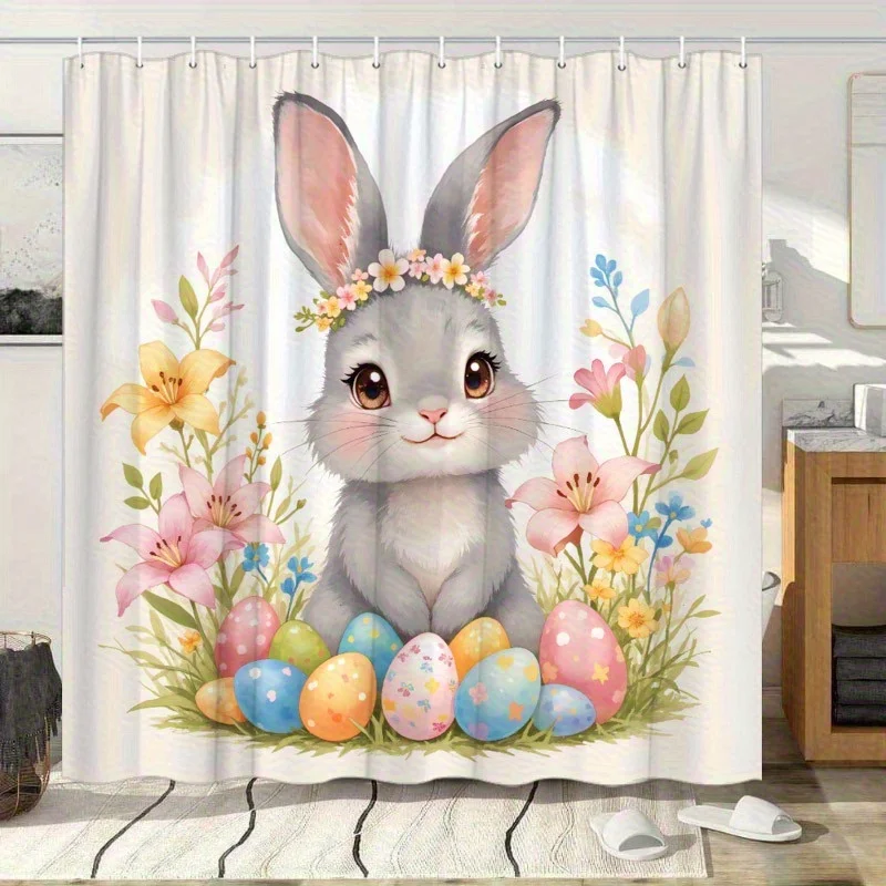 

VIKAMA Spring Easter Shower Curtain Rabbit & Easter Egg Divider Curtain Waterproof & Mould-Resistant Privacy Screen Home Decor