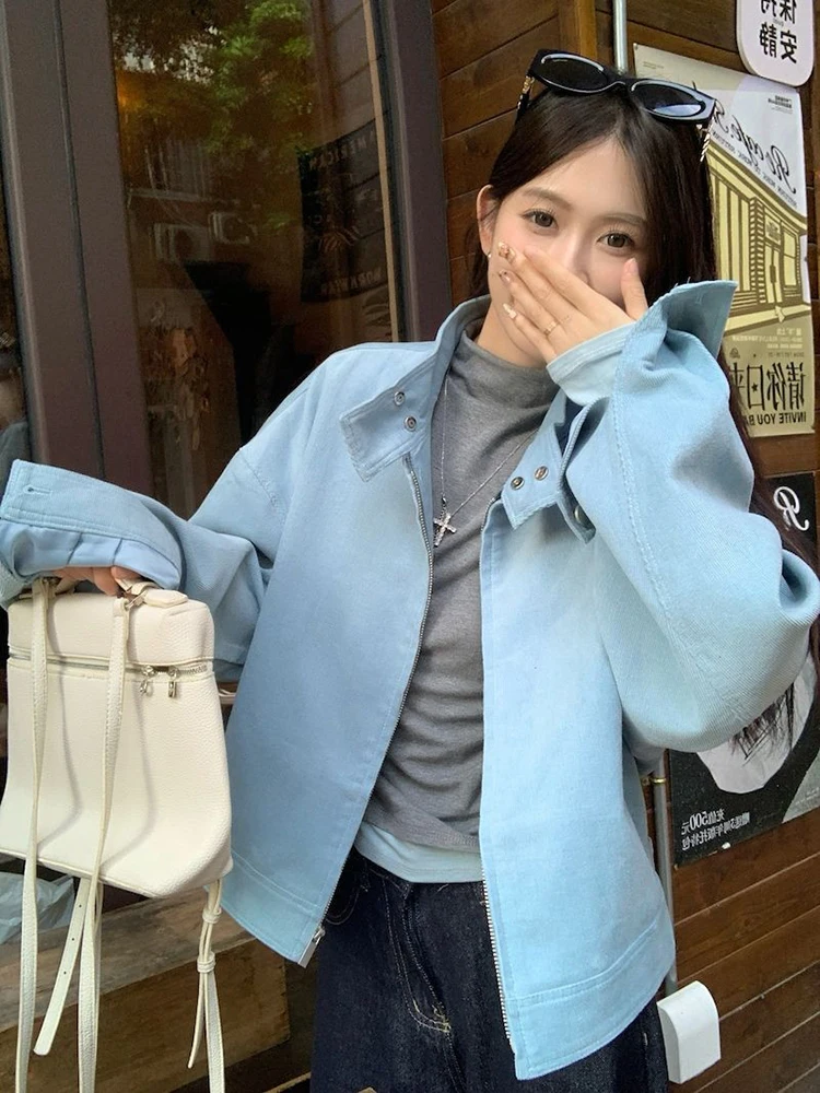 Giacca vintage con cerniera donna autunno blu manica lunga colletto alla coreana cappotti casual larghi coreano streetwear semplice capispalla hottie nuovo