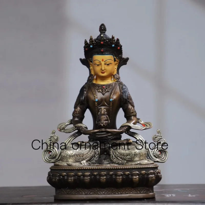 

21cm Tibetan pure copper painted and inlaid with gemstones, gilded gold and silver, longevity Buddha statue