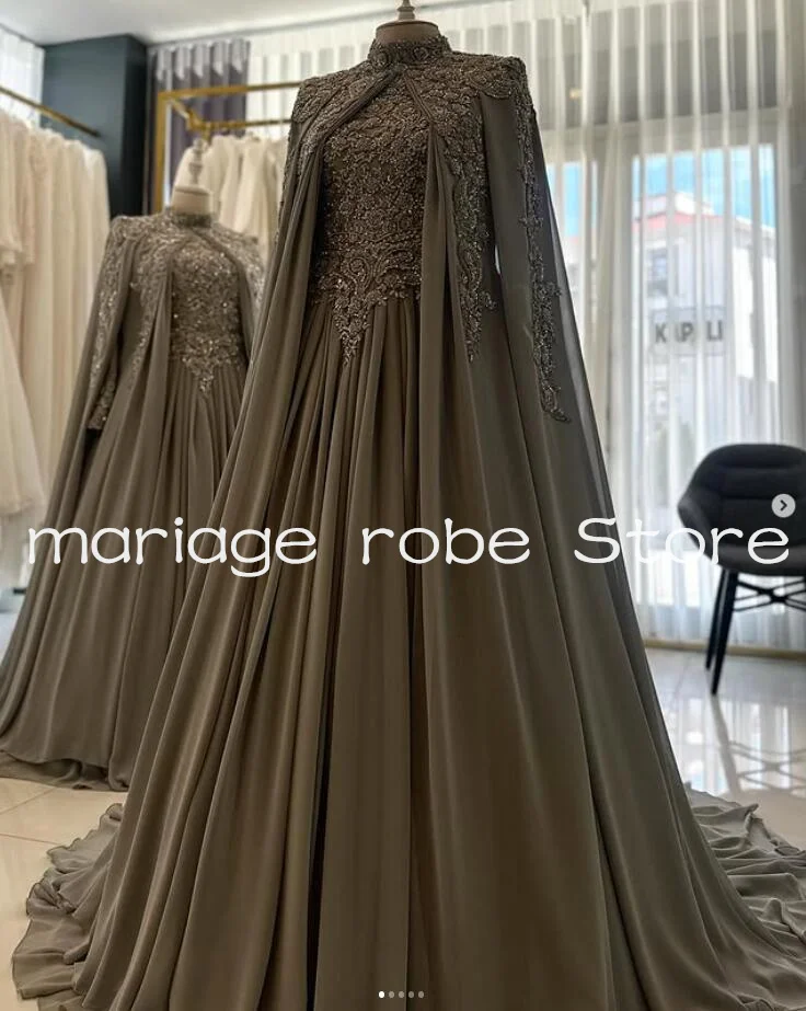 Silver Grap Muslim Caftan Morocco Prom Dresses with Cape Sleeve Luxury Embroidery Lace Customsized Kaftan Evening Gown