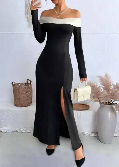 

Women's Dress Spring\summer French Fashion Black and White Color Blocked One Collar Off Shoulder Slit Design Banquet Dress