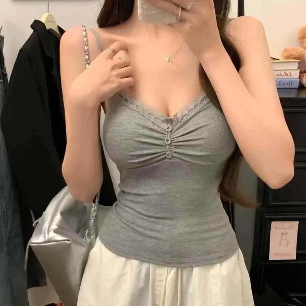 Casual Slim Fit Lace Trim Vest Short with Chest Pad V Neck Top Button Front Sleeveless Top Women