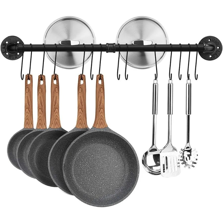 31.5 inch Pot Rack Kitchen Wall Mounted Detachable Pan Lid Utensils Organizer Hanging Rail with 14 Hooks Black