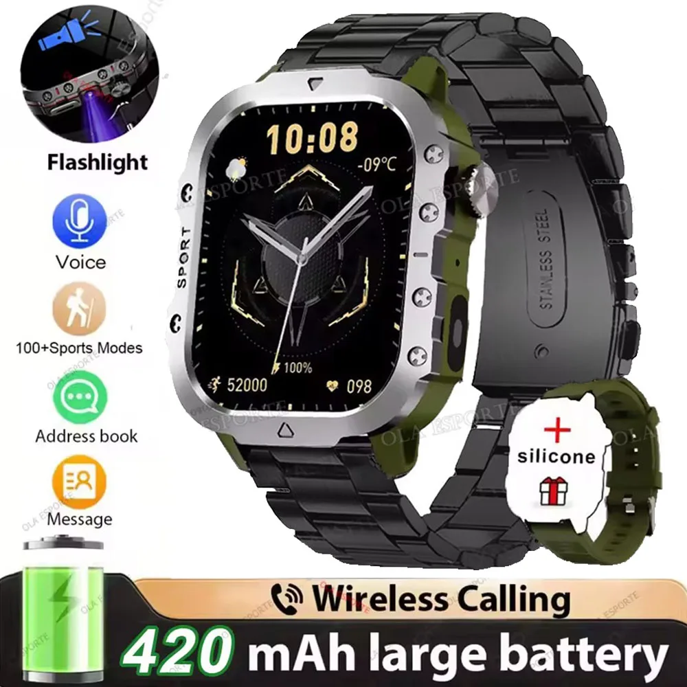 2026 Nieuwe Militaire kwaliteit Smart Horloge Mannen GPS Zaklamp 3ATM Waterdicht Horloge Bluetooth Oproep 100 + Sport Outdoor Smartwatch Pk MA27