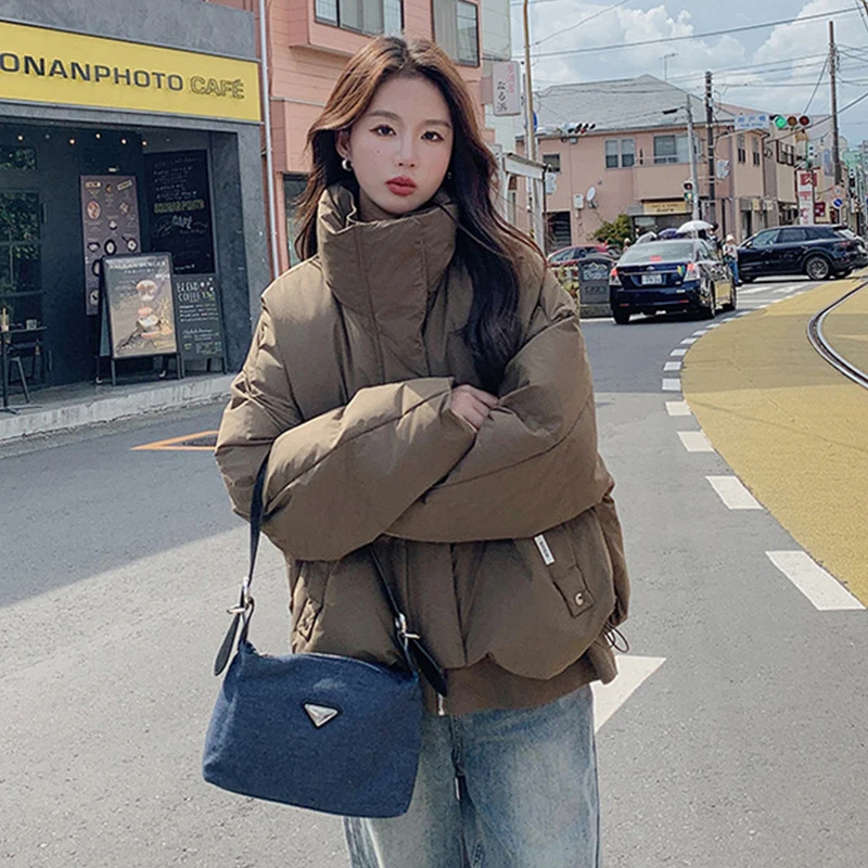 Giacca invernale imbottita in cotone Donna Coreano Streetwear Parka in cotone con risvolto versatile 2025 Cappotto in cotone con zip a maniche lunghe allentato chic