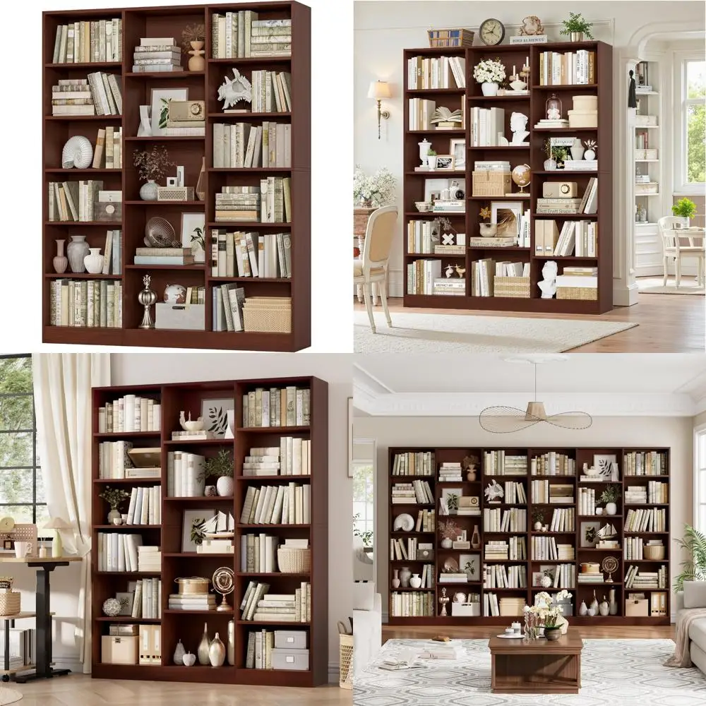 رف كتب كبير ثلاثي واسع 6 طبقات مع 17 رفًا مفتوحًا، يقف بطول 74 بوصة