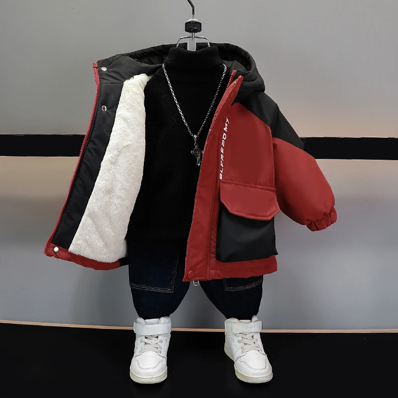 

Thiened Fce Cotton Jaet for Boys Autumn Winter New Sle Hooded Waterproof Youth Trendy Parka Coat with Multiple kets
