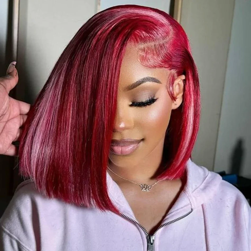 

Парик Боб Прямая Боковая Часть Кружева Бордовый Парик Человеческих Волос 180% Плотность Кружева Передняя Парик Человеческих Волос Предварительно Сорванные Парики Боб для Женщин