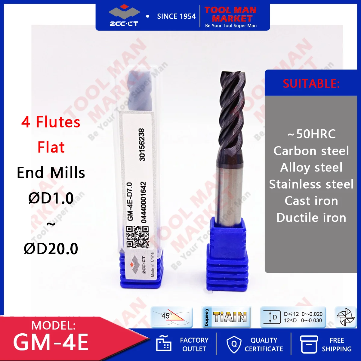 ZCC.CT GM-4E 4 Flutes Flat General Solid Carbide End Mills  D1.0~D20.0 Tungsten Steel Alloy Straight End Mill