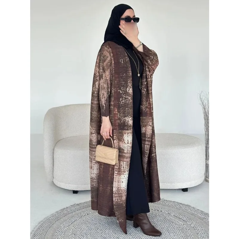 

KAF Pleated Women Abaya 2025 Spring New Gradient Color Cardigan Design Trench Coat Vintage Classic Arabic Style Loose Plus Size
