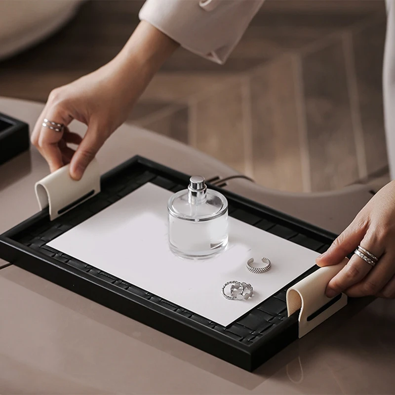 أوعية مفاتيح صينية جلدية لطاولة الدخول، صينية تنظيم سطح المكتب، صينية الغرور بمقبض، منظم التخزين، صينية الصيد