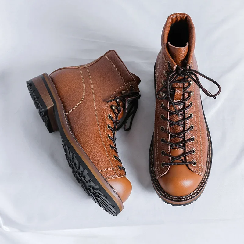 2024 New Vintage Work Boots for Men High Top British Style Men\'s Leather Boots Spring Autumn New Designer Platform Shoes Man