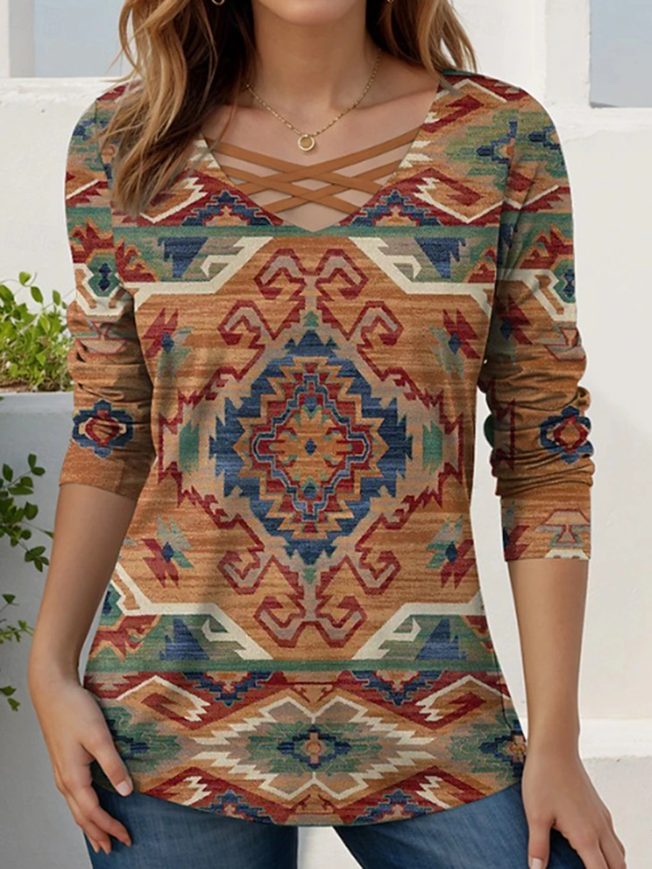 

Women's Vintage Graphic Print T-Shirt Long Sleeve V-Neck Cross Straps Autumn Basic Top for Casual Wear