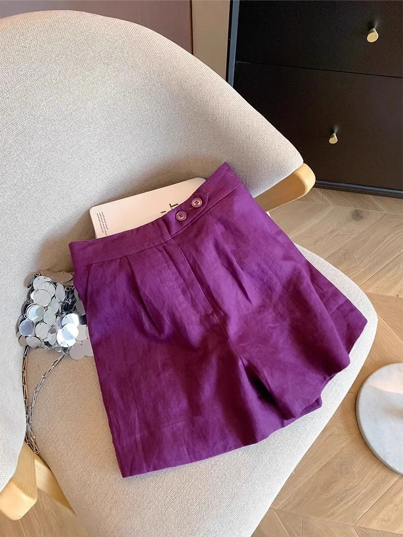 Plones Anchos de Lino Color Mo Uva Retro, Cintura Alta, Cortos, Casus, de Verano, Diseño Sensacional, Es, C...