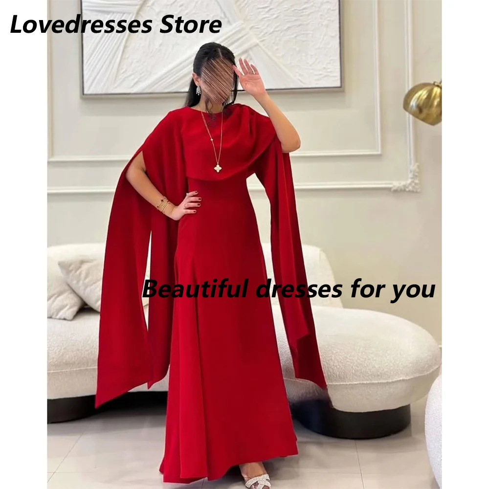 

Elegant Red Evening Dress Customized O Neck Cap Sleeves A Line Jersey Prom Gown Ankle Length Custom Size Party Dress