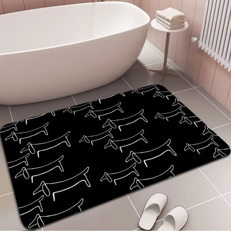 VIKAMA Black Dachshund Line Art Bath Mat Minimalist Dog Print Non‑Slip Absorbent Floor Mat Bathroom Home Decor