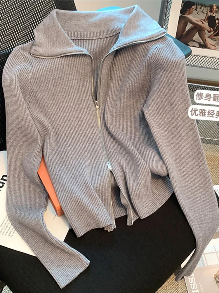 

Double Zipper Slim Short Knitted Sweater Women Autumn Winter New Turn-down Collar Skinny Cardigan Female Knitting Jackets