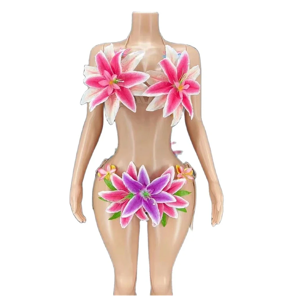 Summer Bikini Outfit Women Beach Sexy Hawaii Hula Dancer Wear With Flowers Singer Stage Stretch Costume 2022