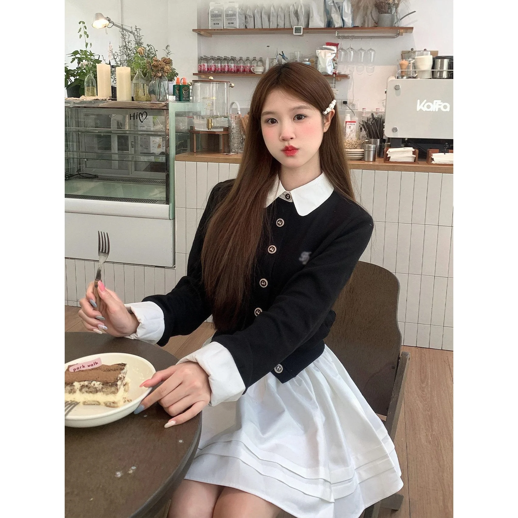 Korean College Style Color Block Fake Two-Piece Dress Women's Spring Autumn Skirt Set Whole Ensemble Pleated Skirts