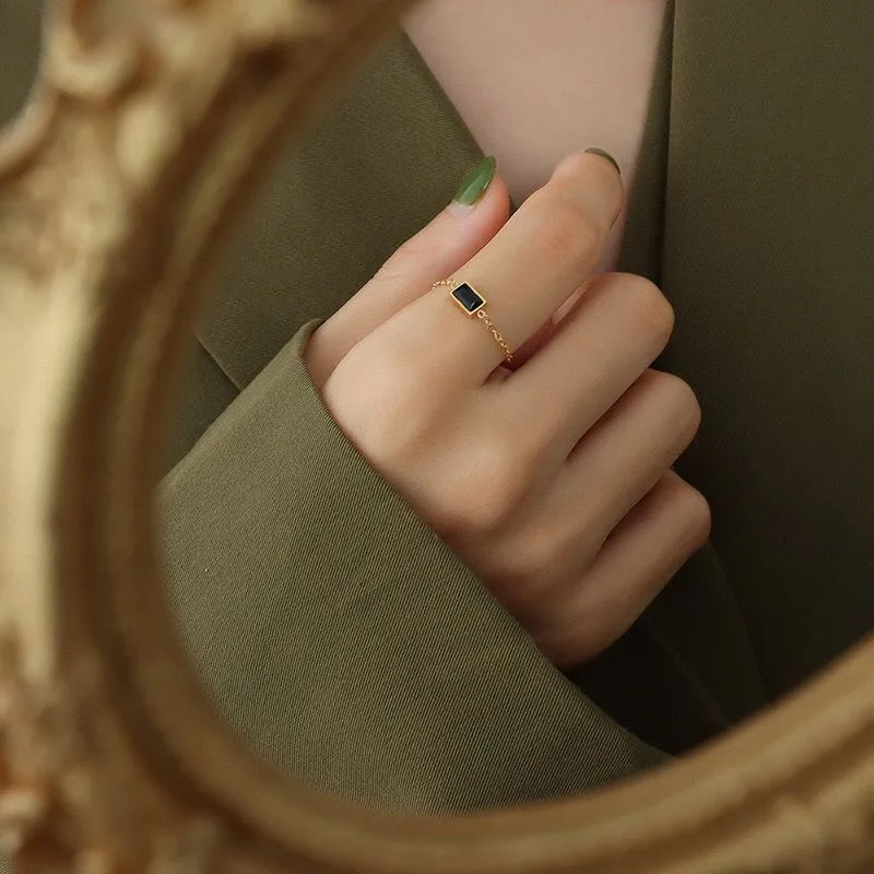 ANENJERY 316L Stainless Steel Green Black Square Zircon Pull Ring For Women French Fashion Simple Vintage Jewelry Gift Wholesale