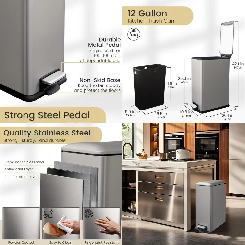 

12 Gallon Slim Stainless Steel Trash Can with Removable Inner Bucket, Soft-Close Lid, and Foot Pedal, 45-Liter Capacity, Grey