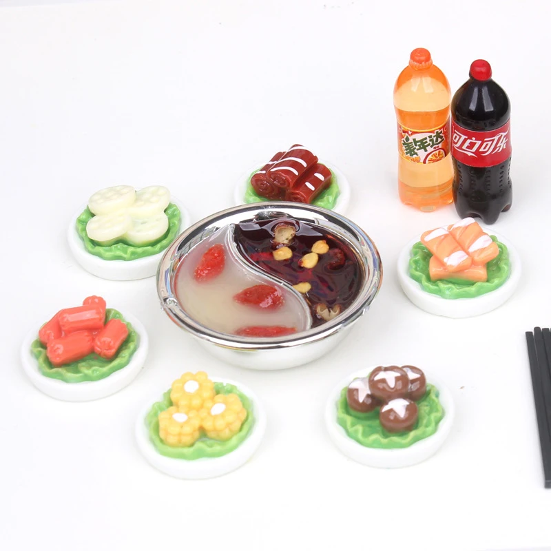 1:12 Dollhouse Miniature Food Set Yuanyang Hotpot Vegetable Meat Dinner Plate Chopstick Drink Model Kitchen Decor Toy