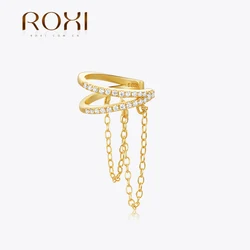 ROXI 925 Sterling Silver Double Cuff Design Tassel Chain Zircons Piercing Stud Earrings For Women Clip 1piece Earrings Jewelry