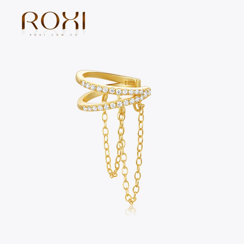 ROXI 925 Sterling Silver Double Cuff Design Tassel Chain Zircons Piercing Kolczyki sztyfty dla kobiet Klips 1 sztuka Kolczyki Biżuteria