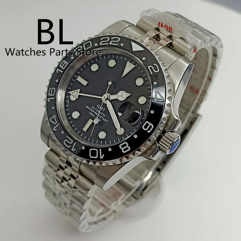 BLIGER NH34A GMT Automatic Men\'S Watch Black Blue Red Insert Blue Luminous Dial 40mm Jubilee Steel Bracelet Date Sapphire Glass