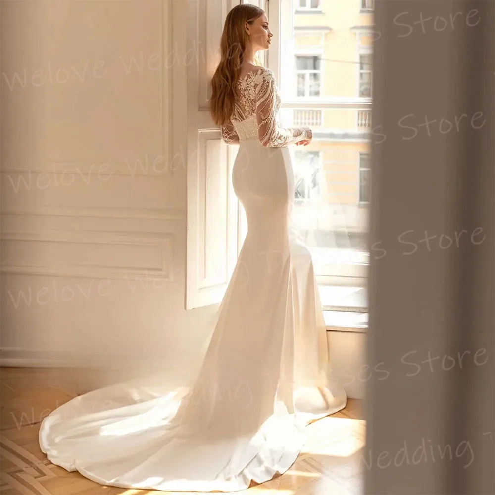 Sexy Mermaid Women's Wedding Dresses Elegant O Neck Customized Bride Gowns Long Sleeve Satin Lace Appliques Vestidos Para Mujer