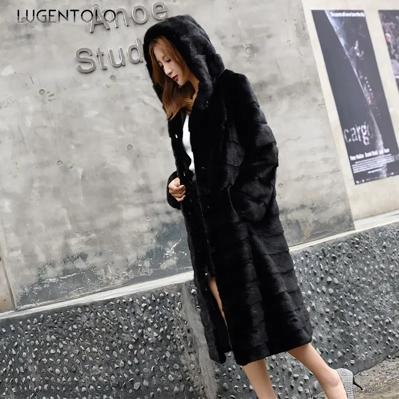 

Women Hooded Faux Fur Warm Slim Black Winter Elegant Coat Lady Luxury Large Size 9XL Straight Long Faux Fur Clothing