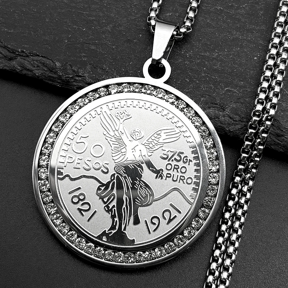 1921 Mexican 50 Pesos Rhinestones Pendant Necklace for Men Women Stainless Steel Gold Color Winged Victory Chain Amulet Jewelry
