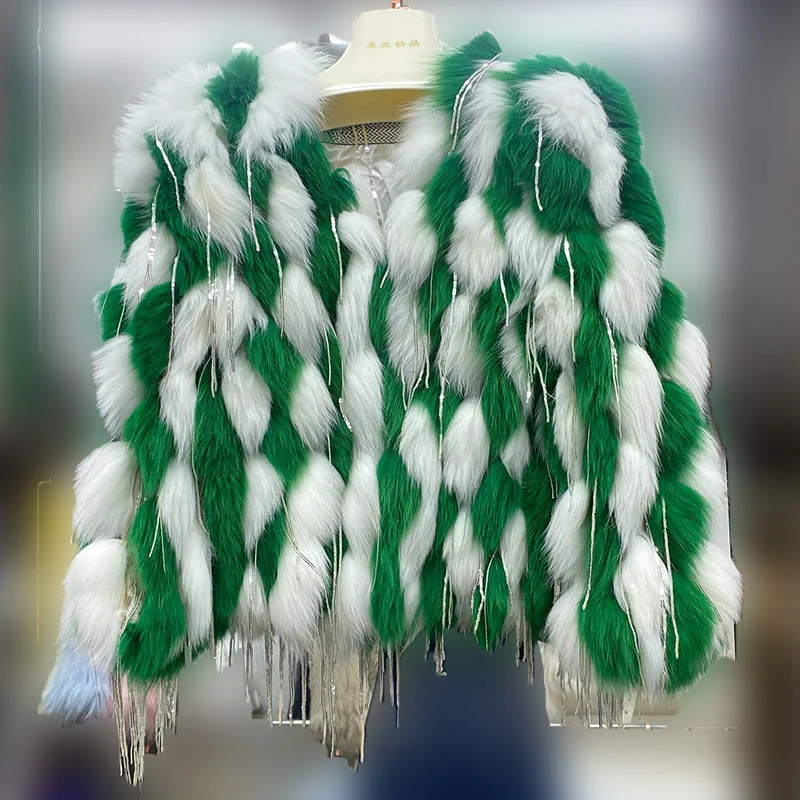 Winter Striped Sewed Genuine Mink Fur Beaded Tassels Jacket Fox Fur Sequined Tassels Fluffy Coat Flocking Cardigan Hairy Tops