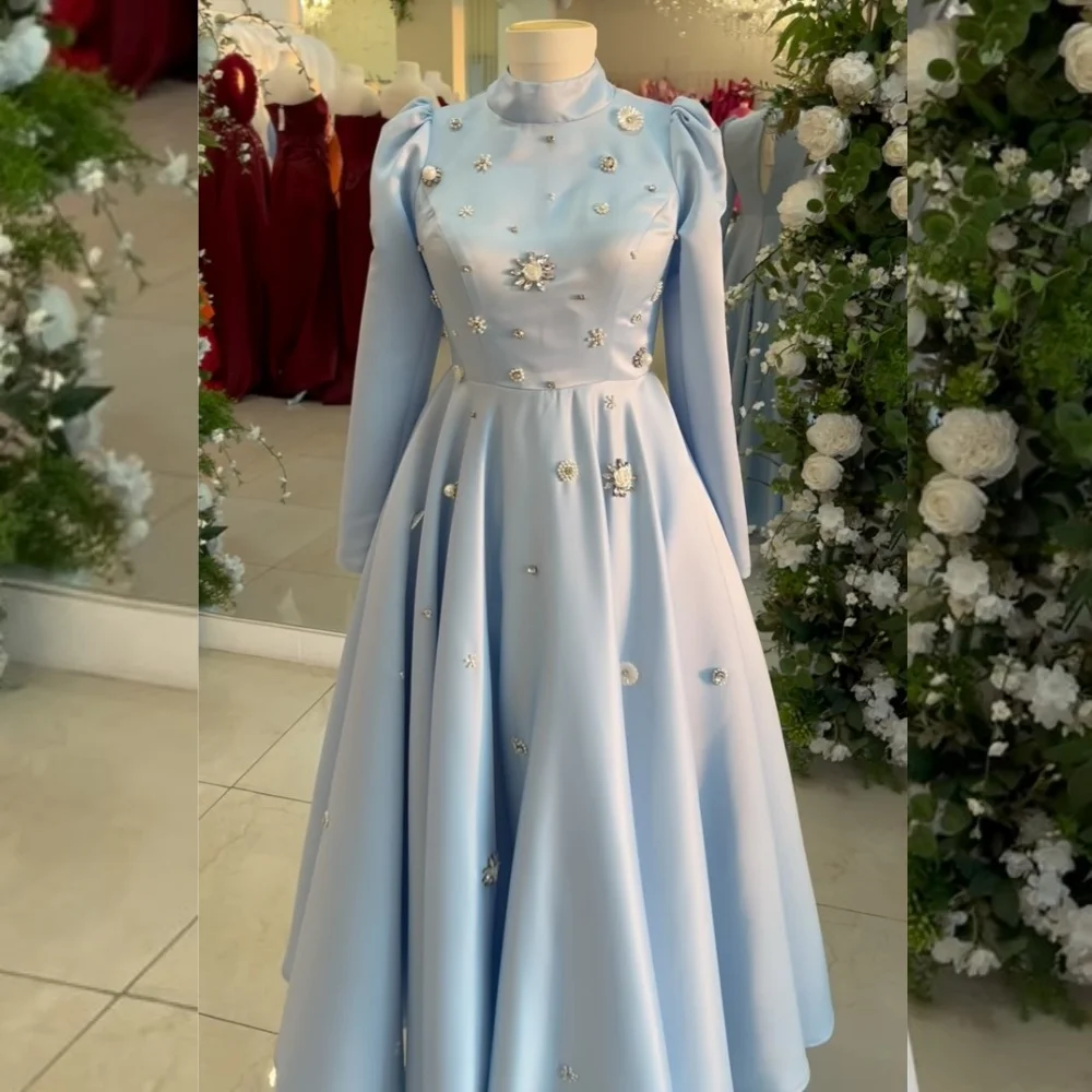 

Customized Matching Charmeuse Sequined A-line High Collar Midi Dresses Bespoke Occasion Party Exquisite
