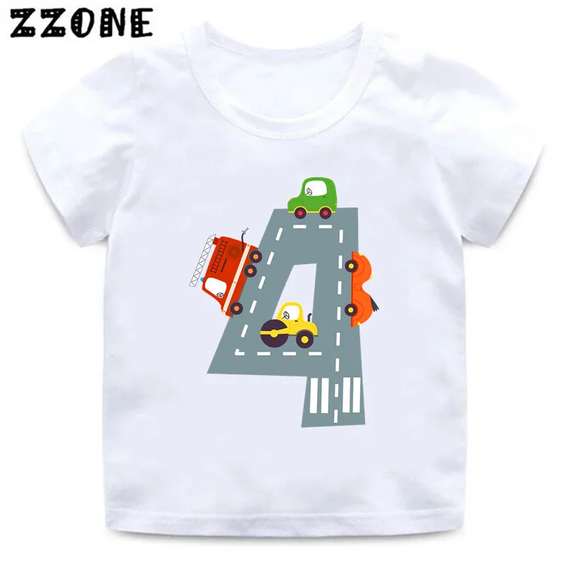 Hot Sale Different Car Print Funny Boys Clothes 1 2 3 4 5 6 7 8 9 Years Birthday Number Cartoon Kids T shirt Baby Girls T-Shirts