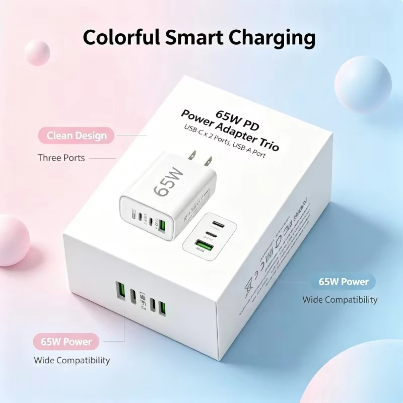 Hot Sale 65W GaN Charger Multi Port USB C Fast Charging Adapter For Smartphone Laptop Tablet US Set Plug PD Wall Charger