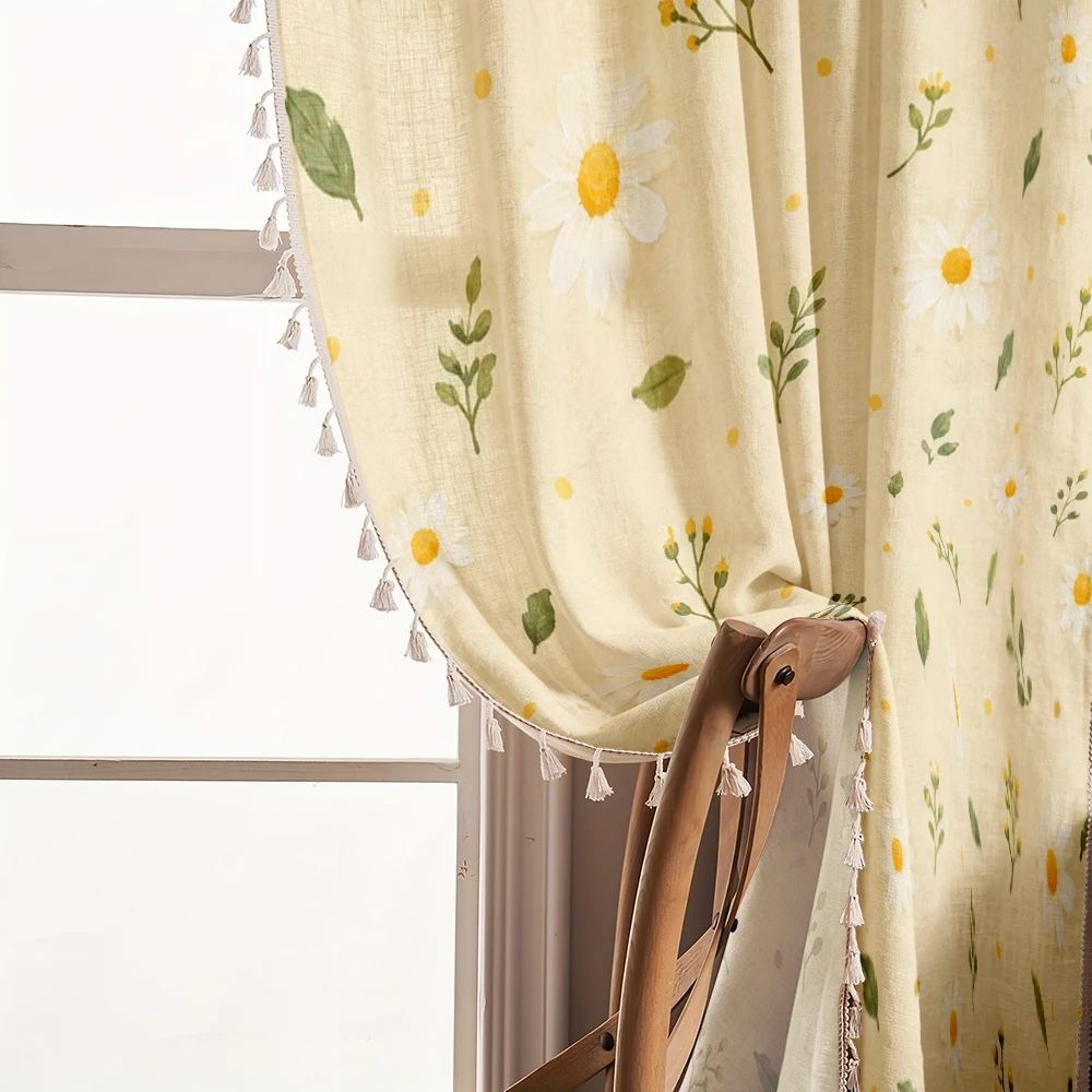 1PC Autumn Tassel Sheer Curtains, Daisy Green Leaf, Digital Print, Linen Polyester, Window Treatment for Living Room Bedroom