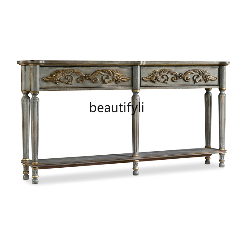 

Neoclassical high-end villa solid wood entrance table French old carved entrance table