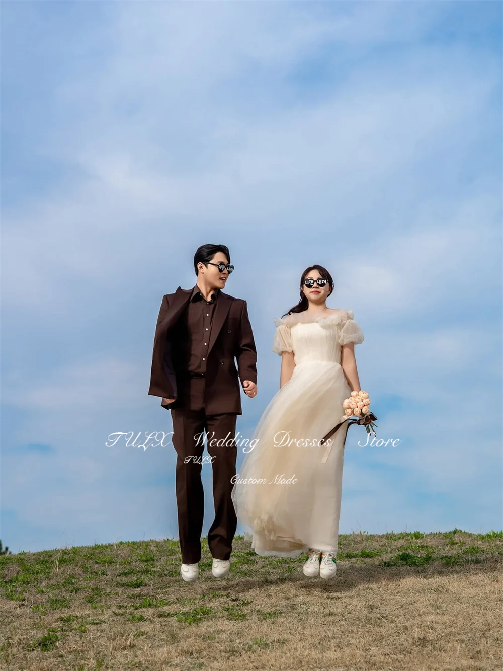 TULX Fairyชุดแต่งงานTulleเกาหลีถ่ายภาพStraplessพัฟแขนชุดเจ้าสาวความยาวชั้นรัดตัว ที่กําหนดเอง 2025