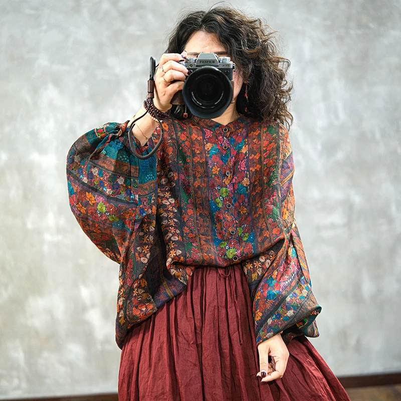 

Ретро Batwing Sve irt Confusing Print с воротником-стойкой, универсальный женский модный топ больших размеров на раннюю осень, повседневный полиэтиленовый топ...